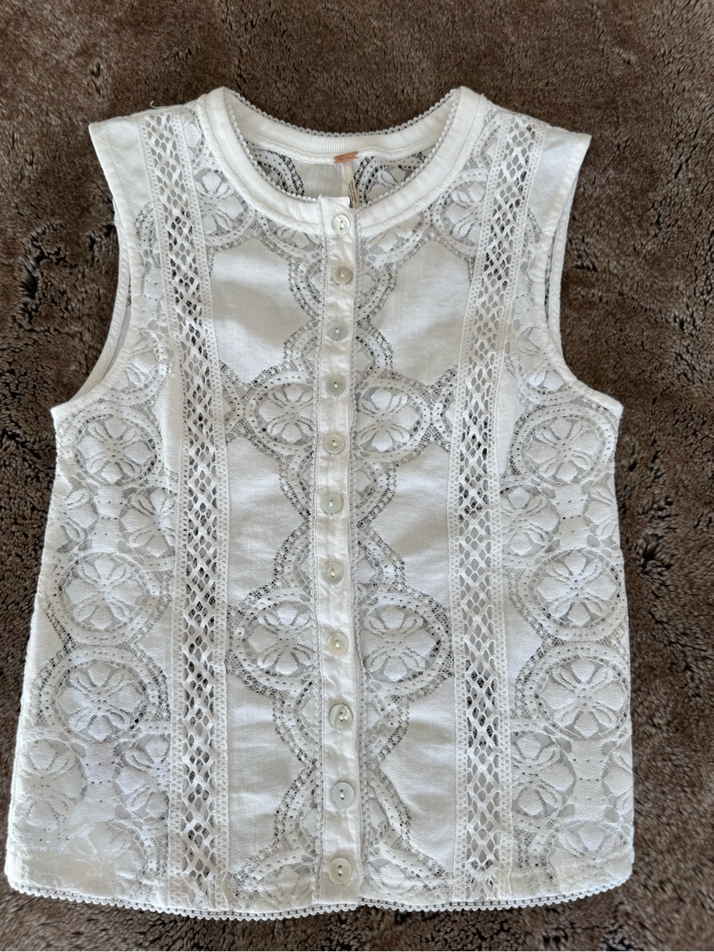 Free People White Lace Button-Front Tank